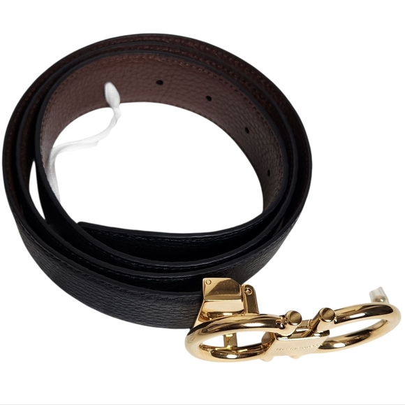 Ferragamo Double Gancini Reversible Leather Black Brown Belt w/ Gold Buckle NEW - Picture 3 of 11